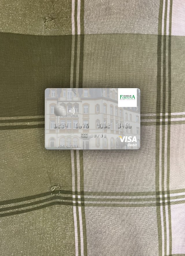 Download Luxembourg Banque Fortuna visa debit card photolook front Photoshop template